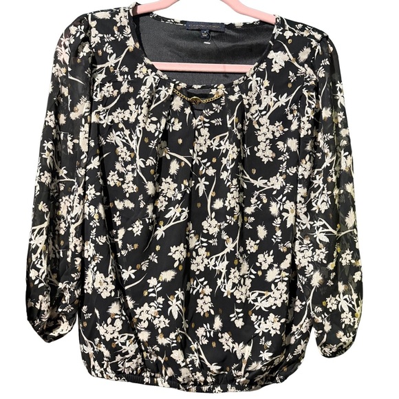 Adrienne Vittadini Black, White & Gold Floral Relaxed Blouse NWOT - Picture 1 of 5